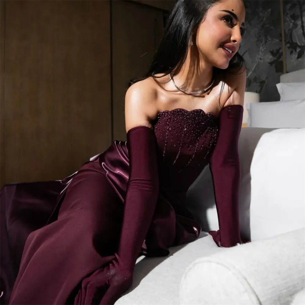 Customized Burgundy Strapless Beaded Mermaid Evening Gown Satin Ruffle Formal Prom Dress Women Quinceanera Wedding Party Dress image 5