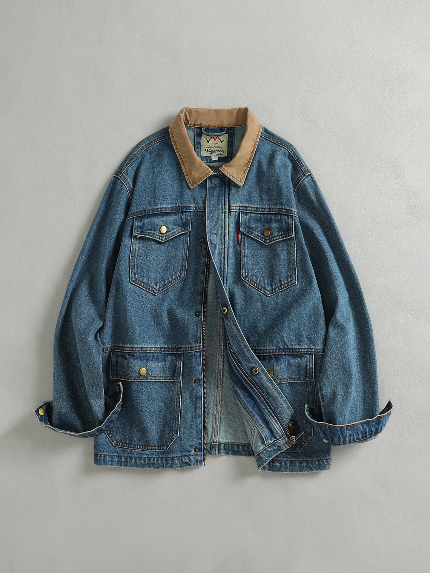 Washed Vintage American Style Men's Denim Jacket Patchwork Collar Multi-Pocket Fashion Outerwear Cotton Long Sleeve Zipper