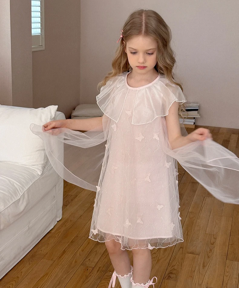 

2025 Summer New Lotus Leaf Collar Children's Sweet Princess Dress Butterfly Embroidery Mesh Design Fairy Elegant Dress