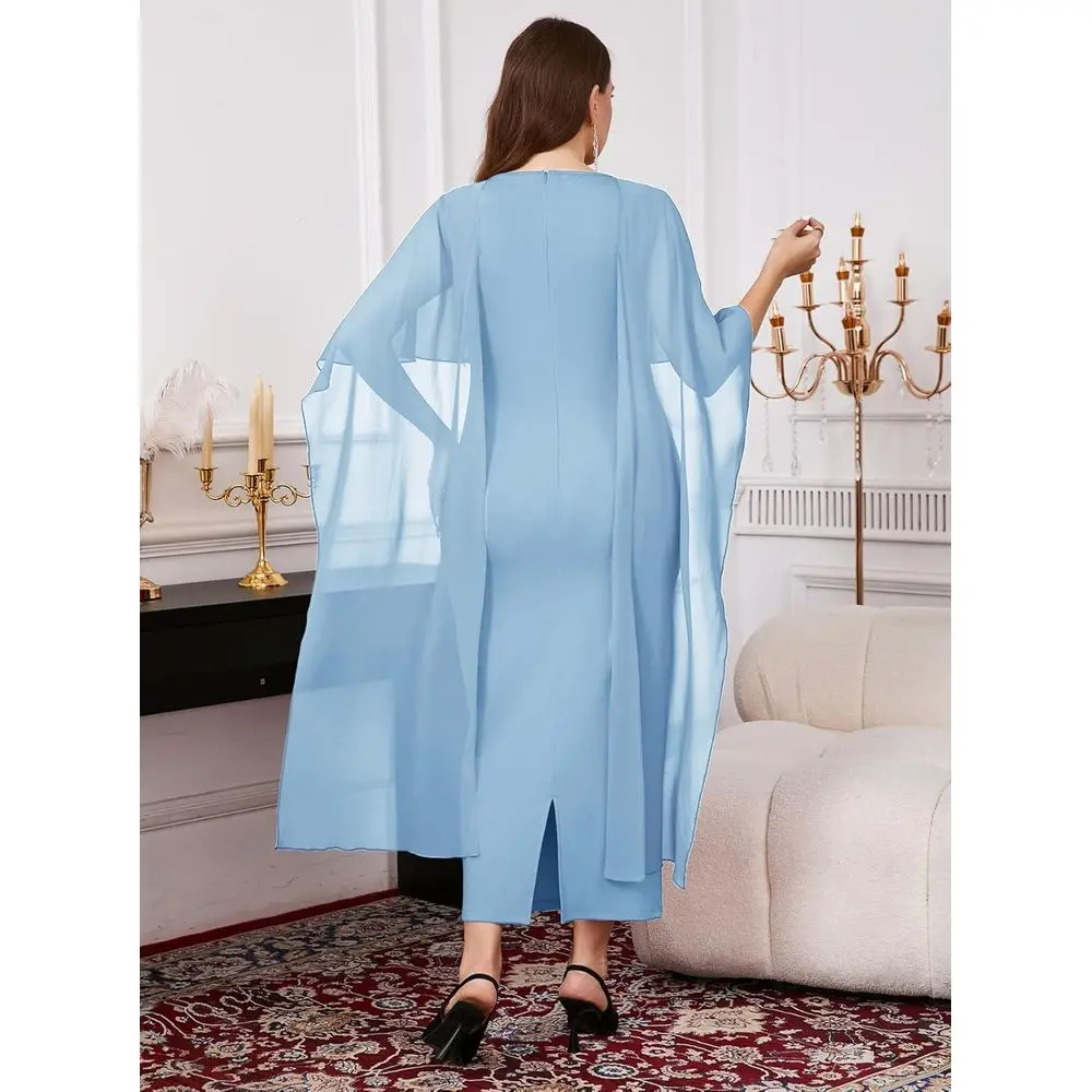 Vestido maxi elegante com capa de chiffon para casamentos plus size e eventos de coquetéis