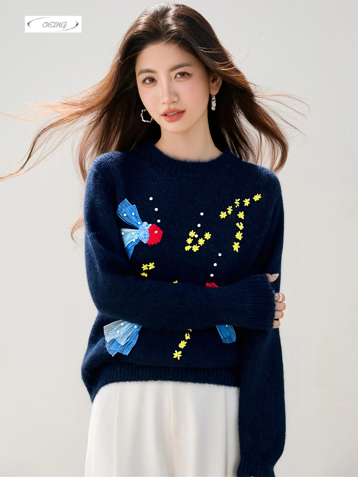 

Autumn Winter Goldfish Embroidered Sweater for Women Elegant Sweet Long Sleeve Korean Style Loose Knitted Pullover Jumper 9770