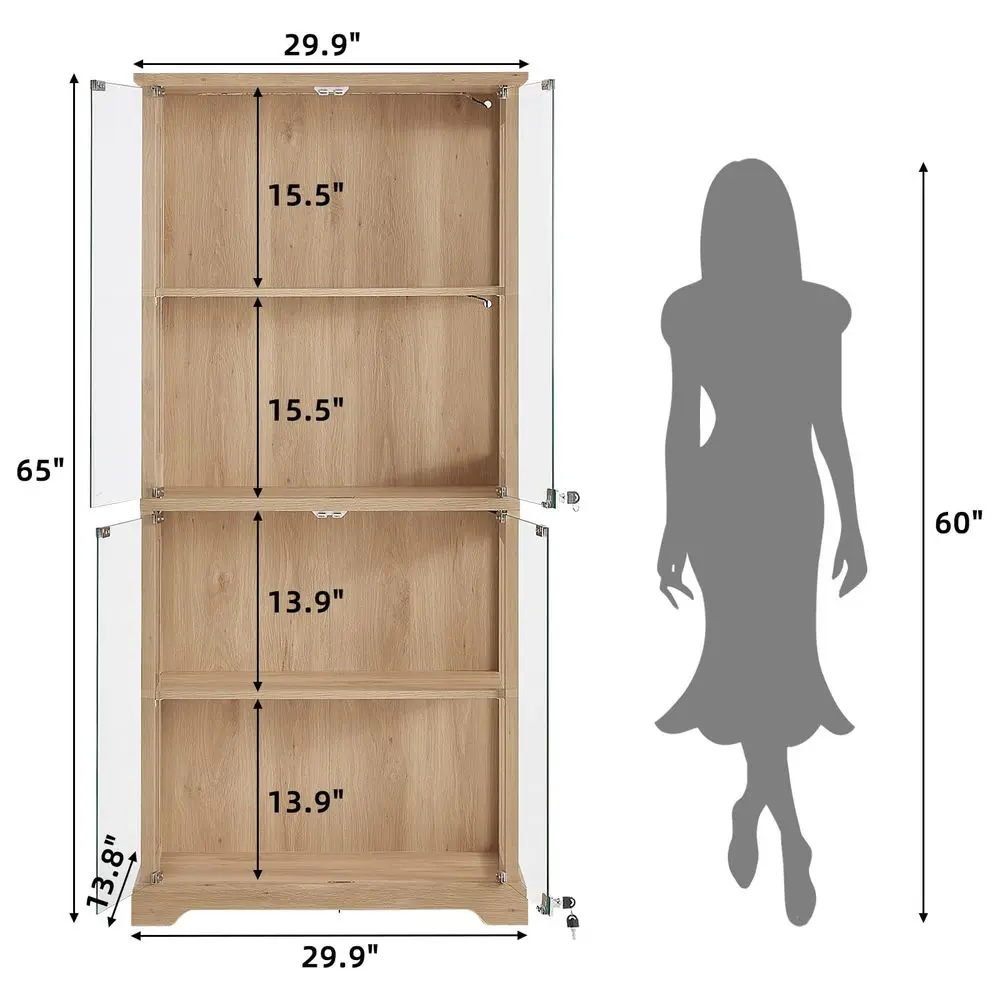 Farmhouse Glass Display Cabinet with Doors, Wooden Curio Cabinet for Collectibles with 3Color LED MotionSensor Light amp Reinfo view 3