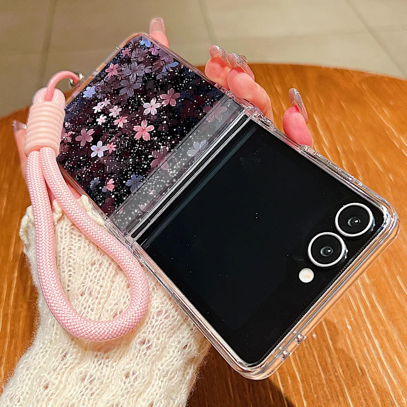 Cherry Blossom Lanyard Phone Case For Samsung Galaxy Z Flip 8 7 FE 6 5 4 3 5G Folding Hard Clear Cover For Samsung Z Flip7 Flip6