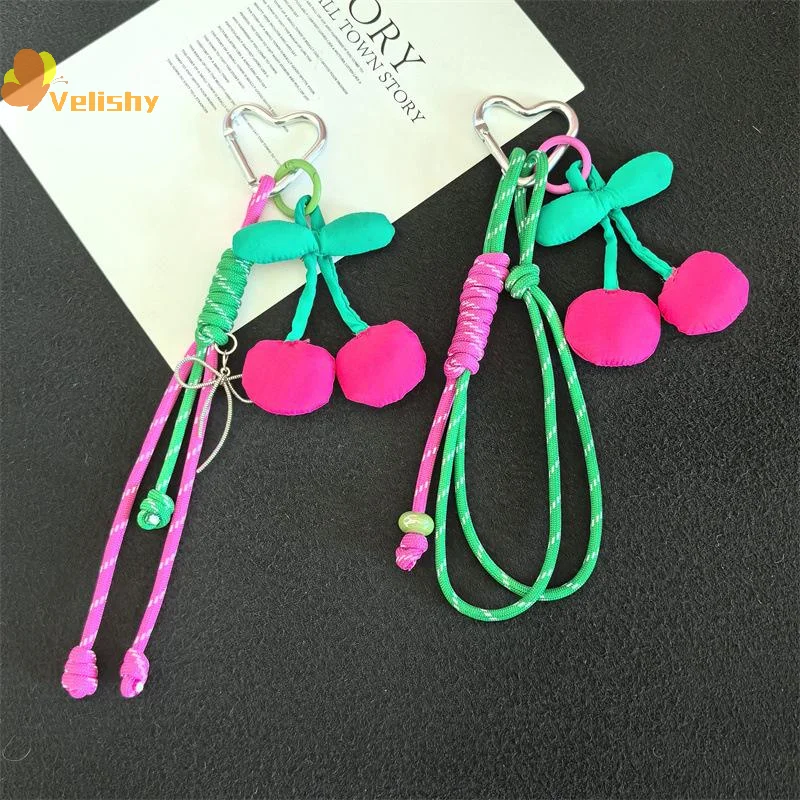 نسيج الكرز انفصال على شكل قلب مطرز المفاتيح سلسلة الهاتف المحمول مكافحة فقدان الحبل
