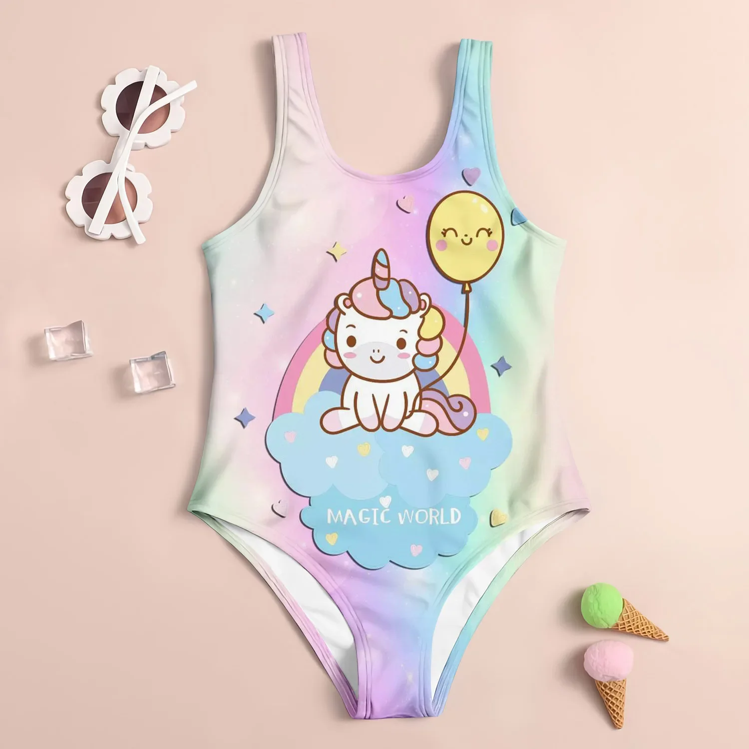 

Girl's Sleeveless One Piece Pony Unicorn Swimsuit Set - Elastic and Comfortable Suitable for Summer Beach Swimming and Fitness
