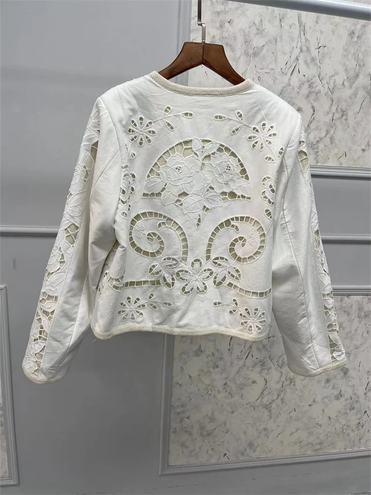 Round Neck Tied Ladies Long Sleeve Cotton and Linen Coat Outwear Tops Women Hollow Out Embroidered Jacket Early Autumn