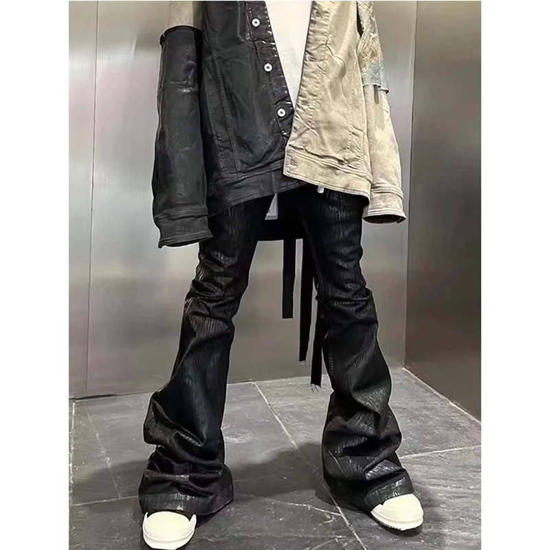 

Fashion Streetwear Black Wax Leather Strecth Jeans Men Women Baggy Y2k Gothic Flare Pants Oversized Straight Denim Trousers