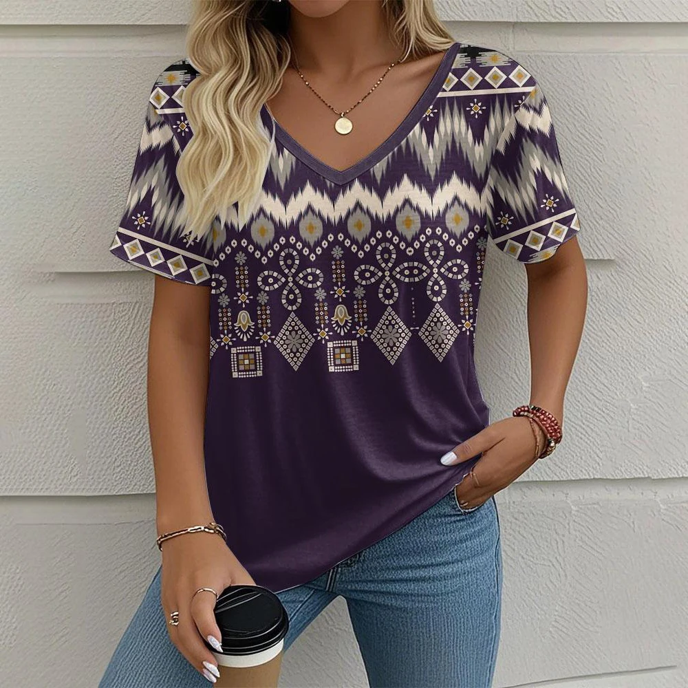 T-Shirt femme imprimé géométrique Style ethnique mode décontracté surdimensionné col en v t-shirts été vêtements pour femmes