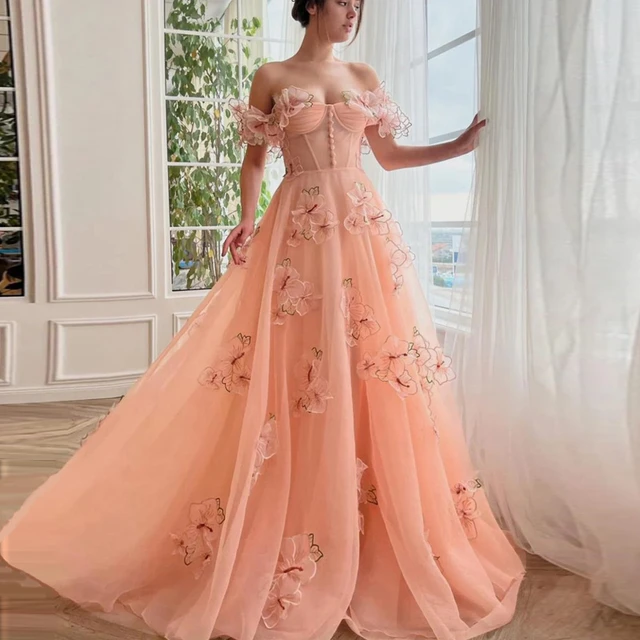 Off Shoulder Coral Pink Layered A-line Evening Dress Applique Floral  Tie-bow Prom Dresses Spring Summer Woman Clothes For Girl - Evening Dresses  - AliExpress