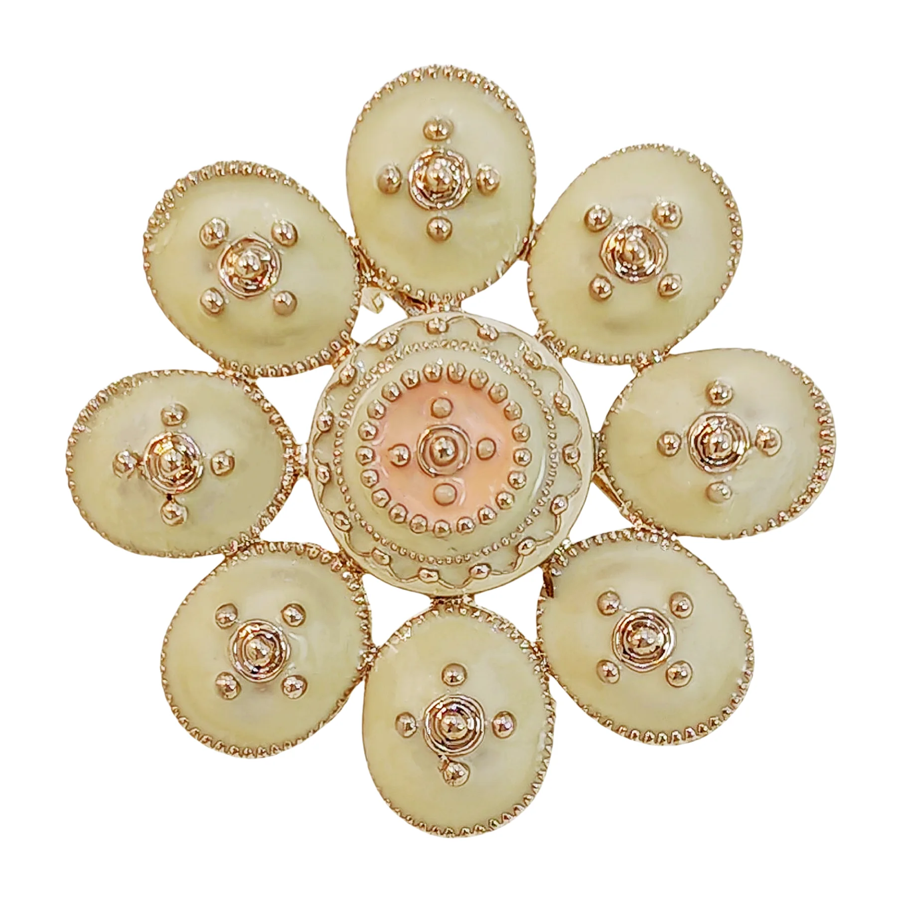 

Elegancy Golden Beads White Enamel Round Flower Brooches Pins Decoration DIY Project Business Suit Formal Dress Gown Accessory