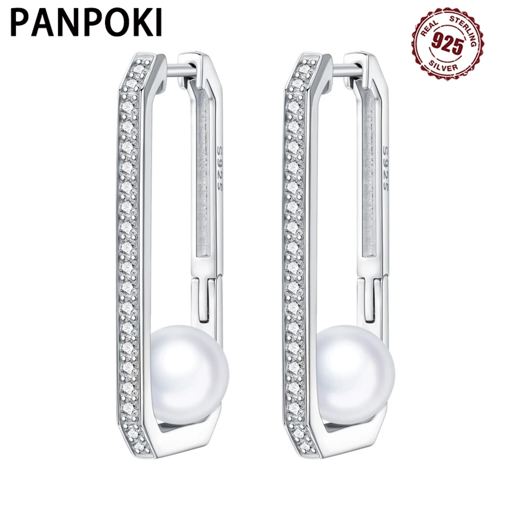 PANPOKI S925 Sterling Silver Basic Box Pearl Earrings Hoop Earrings For Women Jewelry Original Party Trendy Gifts