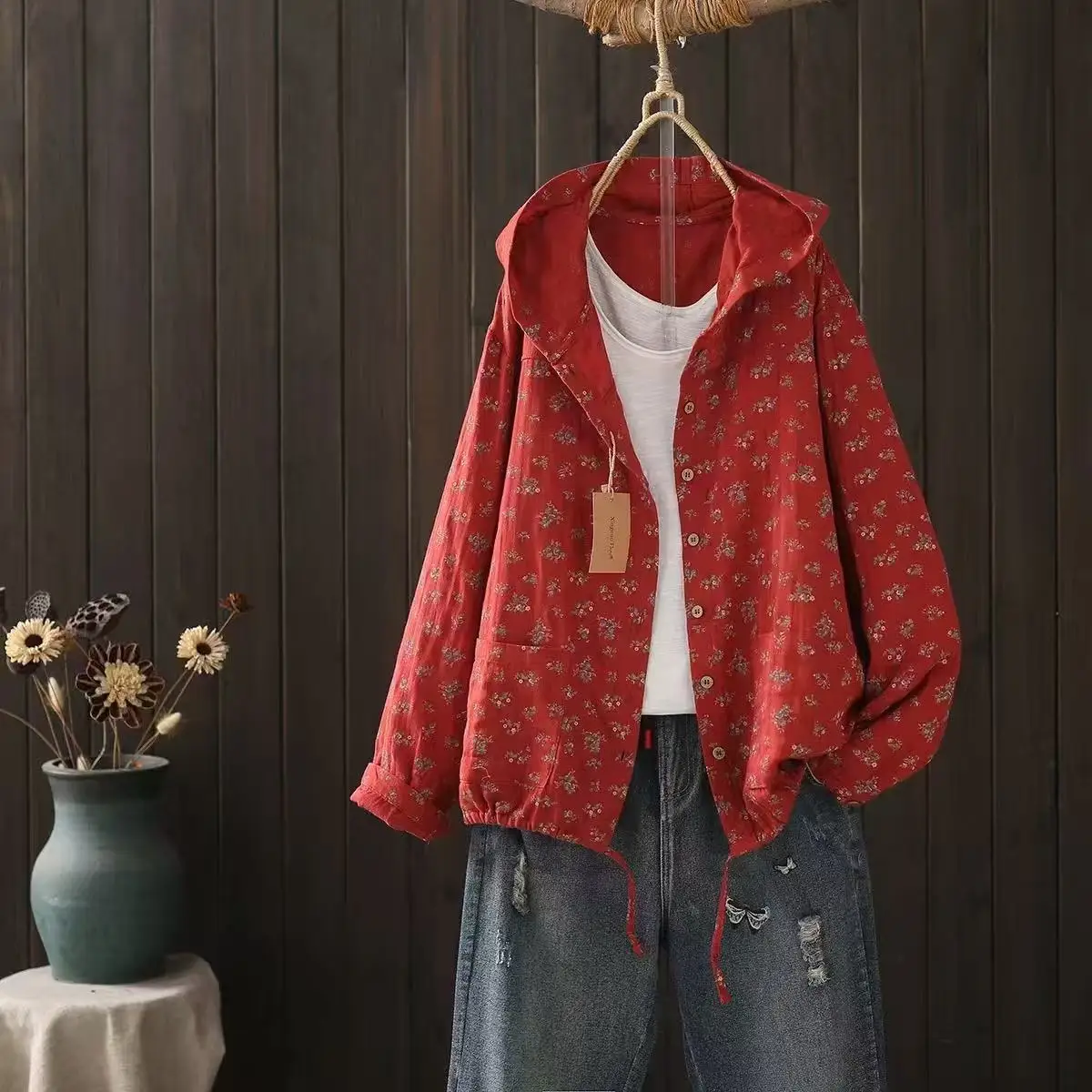 2026 Japanese Style Women's Floral Print Cotton Yarn Hooded Jacket, Casual Loose Shirts Blouses Cardigan with Drawstring Hem