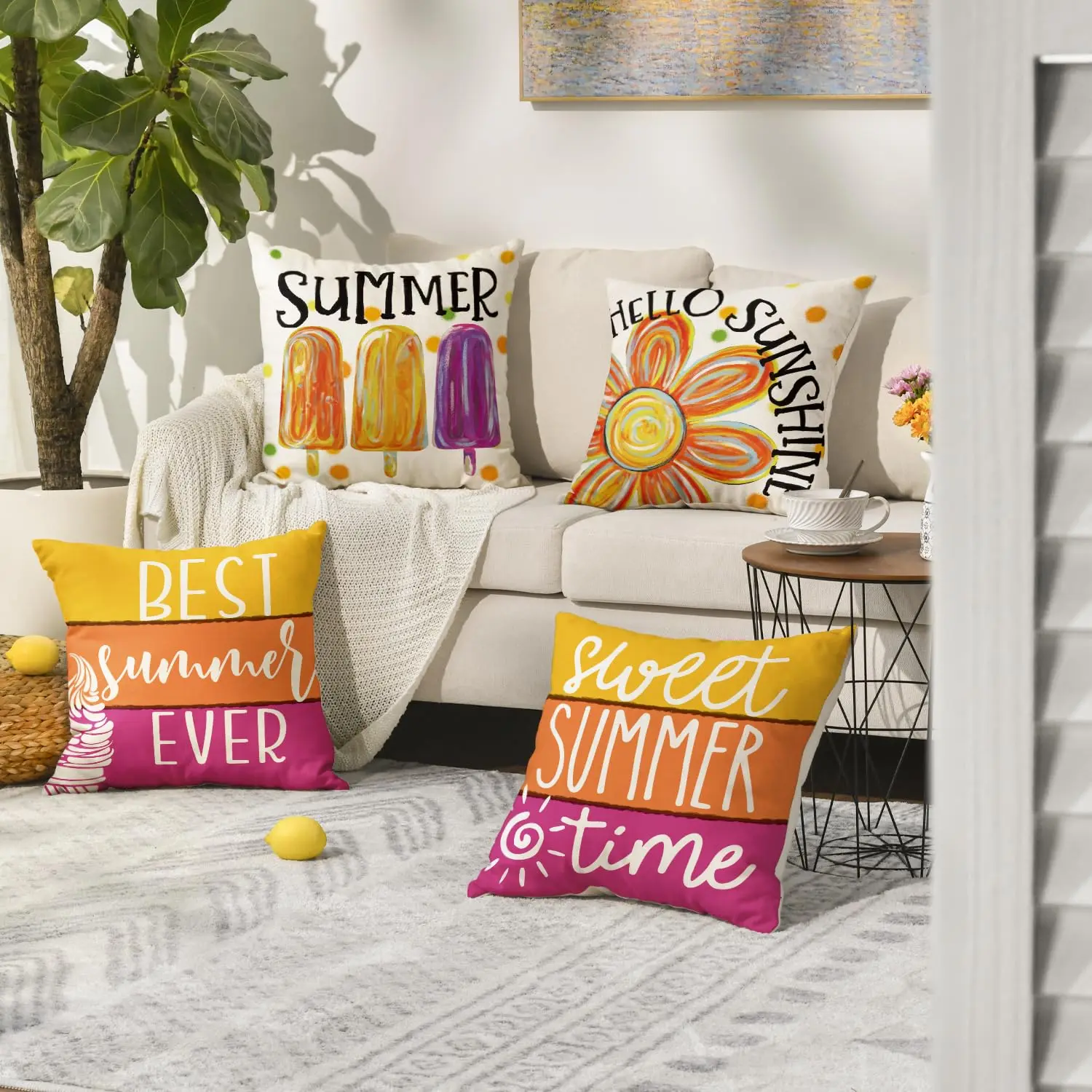 Hello Sunshine Floral Sweet Summer Throw Pillow Covers,Popsicle Ice Cream Best Summer Ever Holiday Cushion Case Decor Set of 4