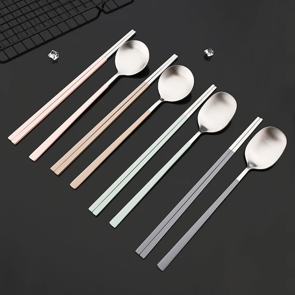 2/8Pcs Matte Dinnerware Set Dinner Spoon Sushi Chopsticks Flatware Western Stainless Steel Cutlery Party Kitchen Tableware