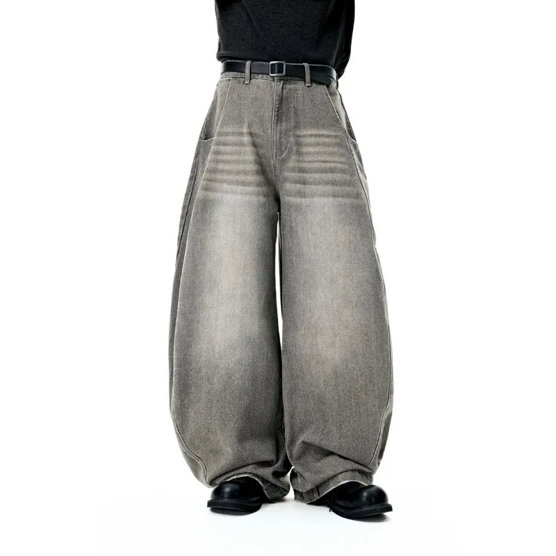 Men's Washed Retro High Street Wide Leg Denim Pants 2026 Autumn New American Streetwear Trousers Men Baggy Casual Jeans