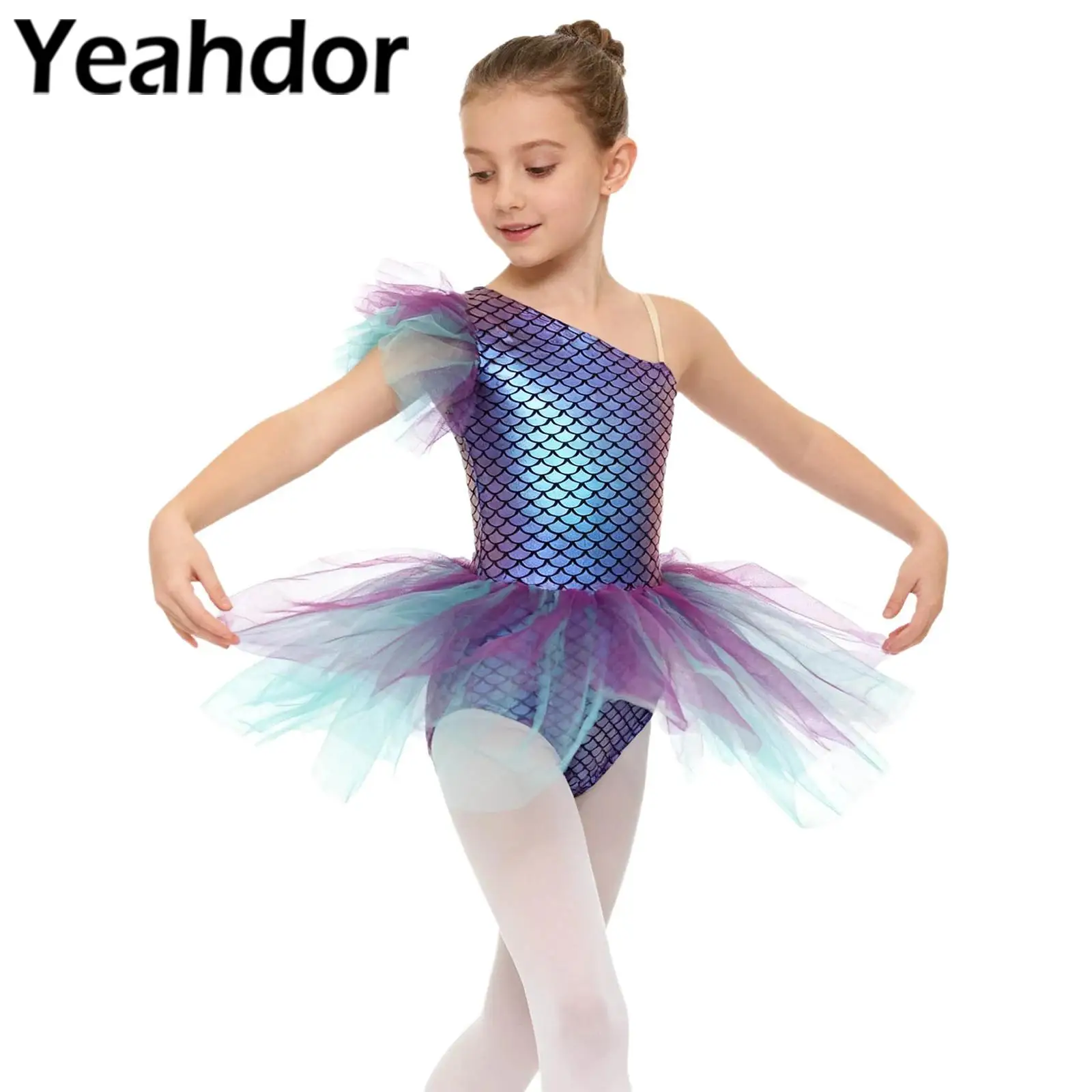 

Детское балетное гимнастическое трико для девочек, платье-русалка, костюм принцессы балерины на одно плечо, тюлевое платье-пачка с принтом