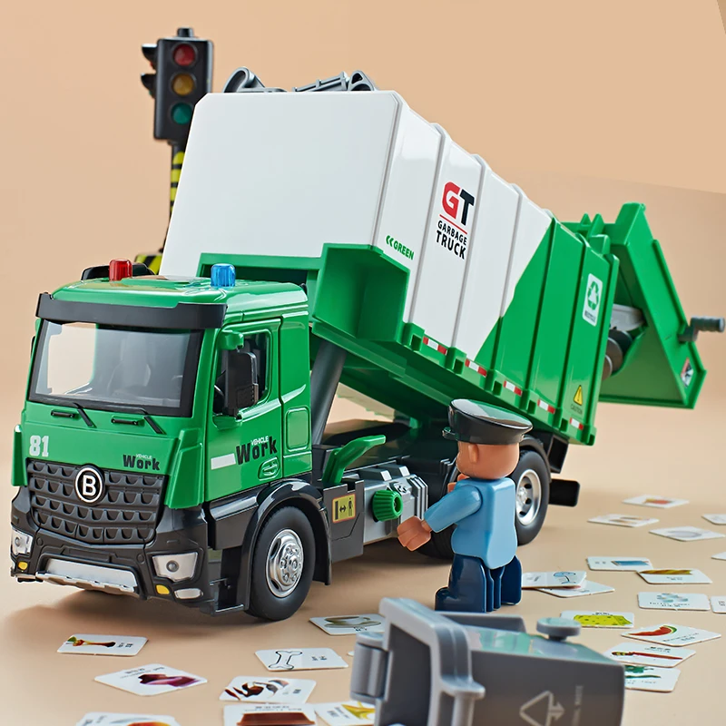 City Sanitation Truck Children Alloy Toys Model Metal Rubber Tire Dumping Recycling Function Rubbish Classification Kids Gift