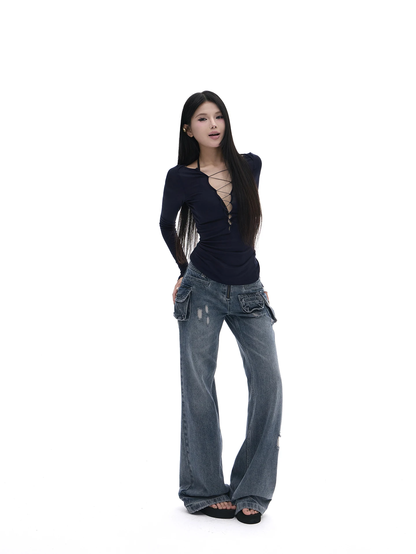 

Джинсы с низкой талией в американском стиле, с множеством карманов, и топ с V-образным вырезом и вырезами, повседневные хлопковые брюки с широкими штанинами для женщин