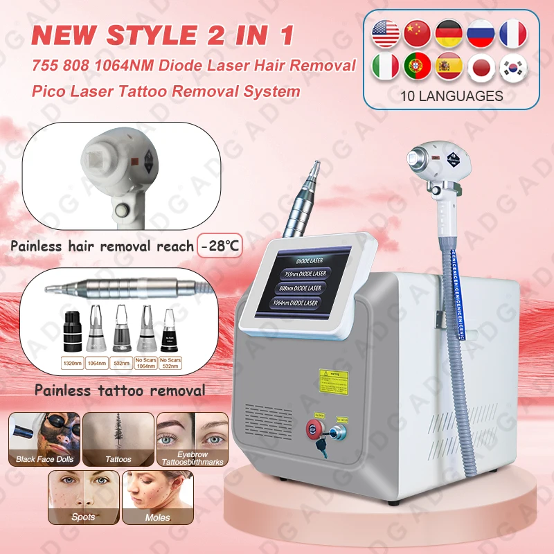 2 in1 Pico + 3 Waves 1064 808 755nm Professional Painless Skin Rejuvenation Beauty Salon Tattoo Removal Carbon Peel Beauty Salon