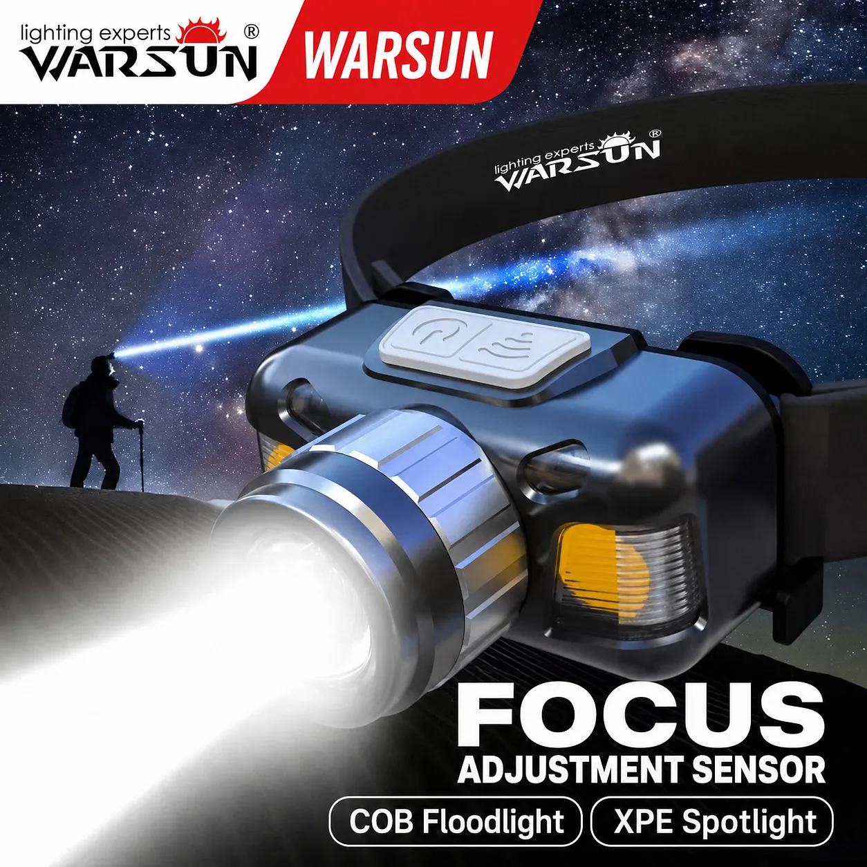 WARSUN WD06 Zoomable Sensor Headlamp, Ultra-Bright Long-Range Rechargeable Head Torch for Night Fishing, Ear Cleaning and Outdoo