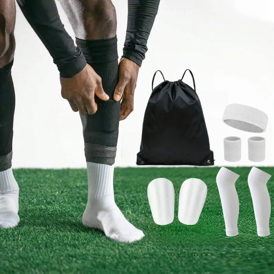 Soccer Full Protective Kit Shin Guards Calf Sleeves Sports Headband Wristbands With Storage Bag Football Set For Adult