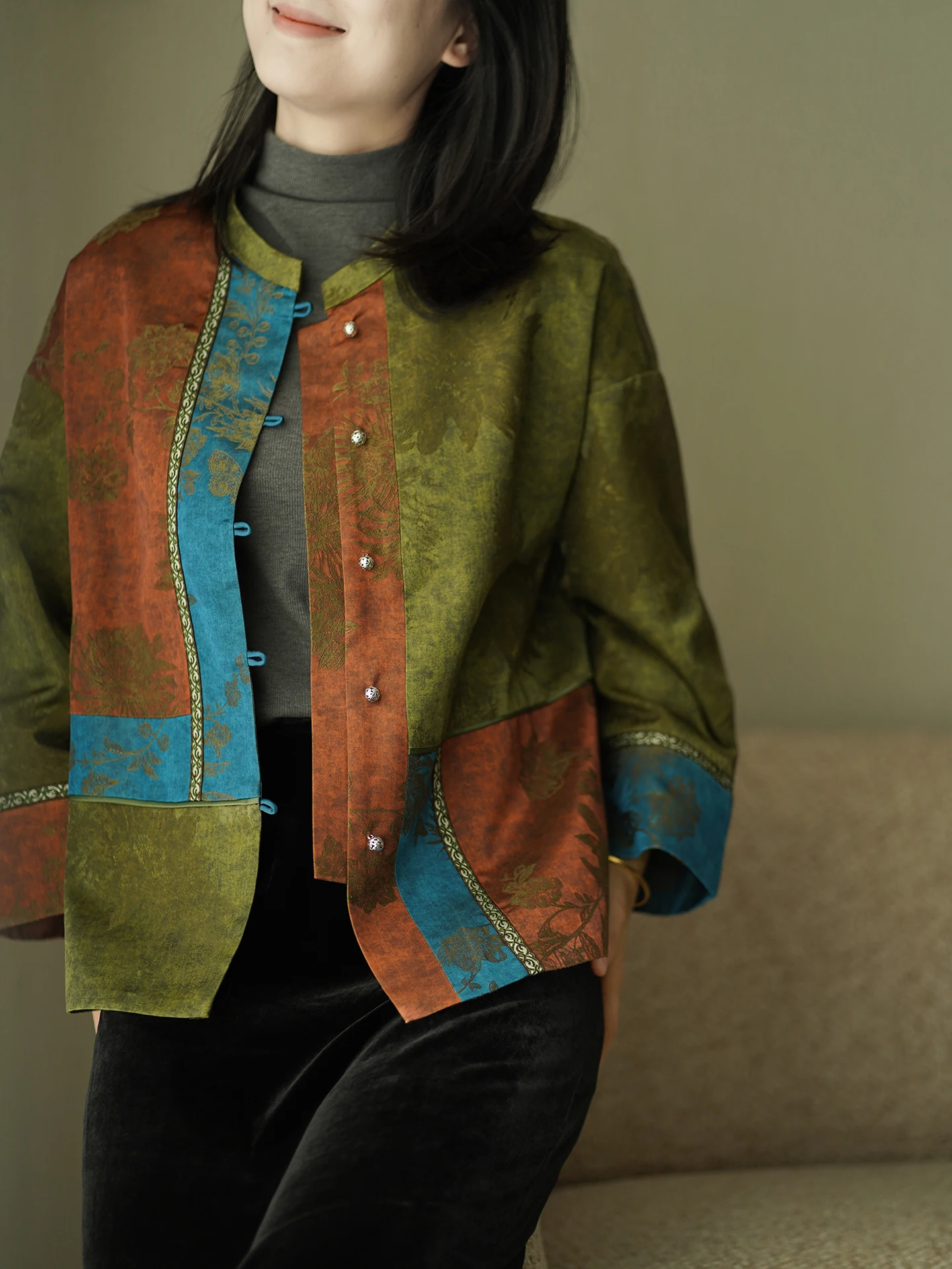 

Ephire New Chinese Sle ort Outerwear Women's Long Sve Contrast Color Jaet Vintage High End Sensation Woven Gold