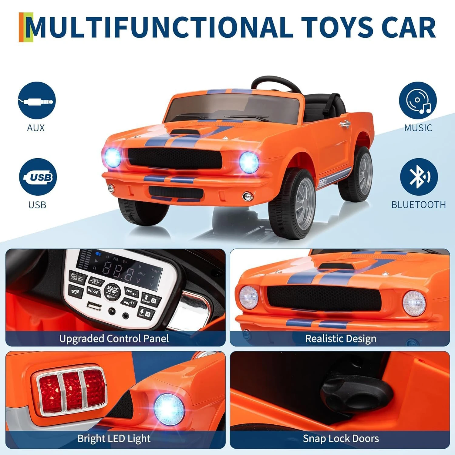 Samochód elektryczny dla dzieci 24V 7AH, dwuosobowy, licencjonowany model Shelby GT350, z pilotem, podwójnymi pasami bezpieczeństwa, światłami LED i 2-stopniową regulacją prędkości.