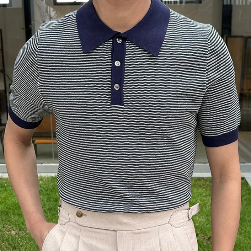 Contrasting Stripes Polo Shirt Men Short Sleeved Lapel Knitted American Retro Slim Polo Shirt Camisa Masculina Polo Men Summer