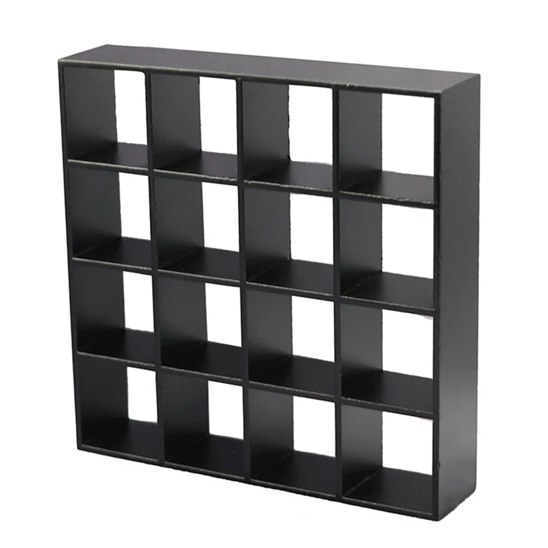 1: 12 رف تخزين خشبي مصغر لبيت الدمى 16 رفوف شبكية أبيض أبيض رف تخزين أثاث بيت الدمية ديكور أسود متين