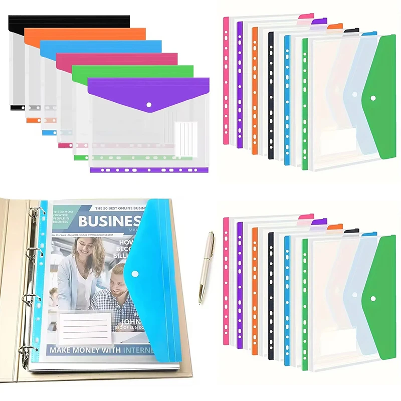 15PCS Random Mix Color Plastic File Bag Binder Pocket A4 Size Transparent Document Organizer Suitable for Home Office School ZYF