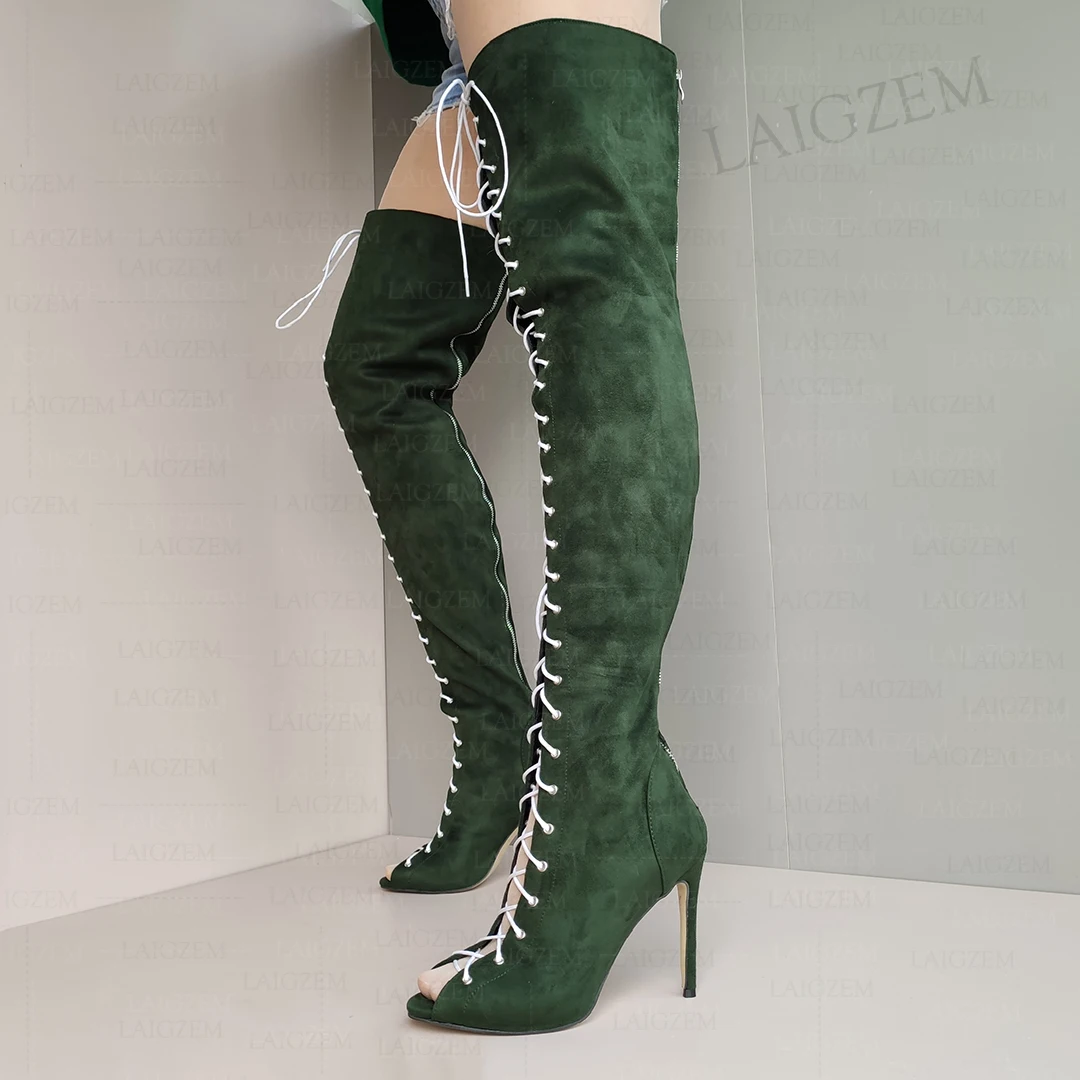 

ZHIMA Women Thigh High Boots Faux Suede Peep Toe Back Zip Up Thin High Heels Boots Over Knee Shoes Woman Plus Size 41 42 45 52