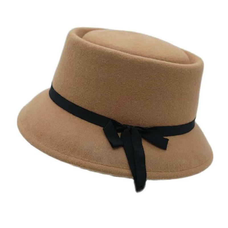 Retro Styl Wide Brim Fedora Floppy Pork Pie Wool Bucket Hat Felt Dress Hat Camel Winter Hat Black Ribbon Bow Ladies Church Hat