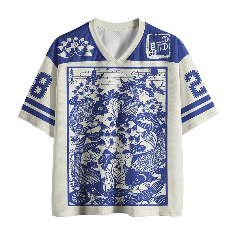 Lucky Koi Fun Pattern 3D Printing Fitness Training Quick Drying Outdoor Leisure Sports Unisex Children's V-neck Top