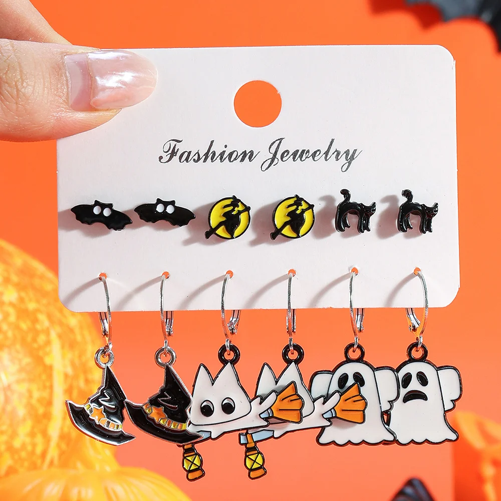 12pcs Classic Halloween Stud Dangle Earrings Set Unique Small Assorted Studs Metal Pumpkin Ghost Candle Festival Ear Jewelry