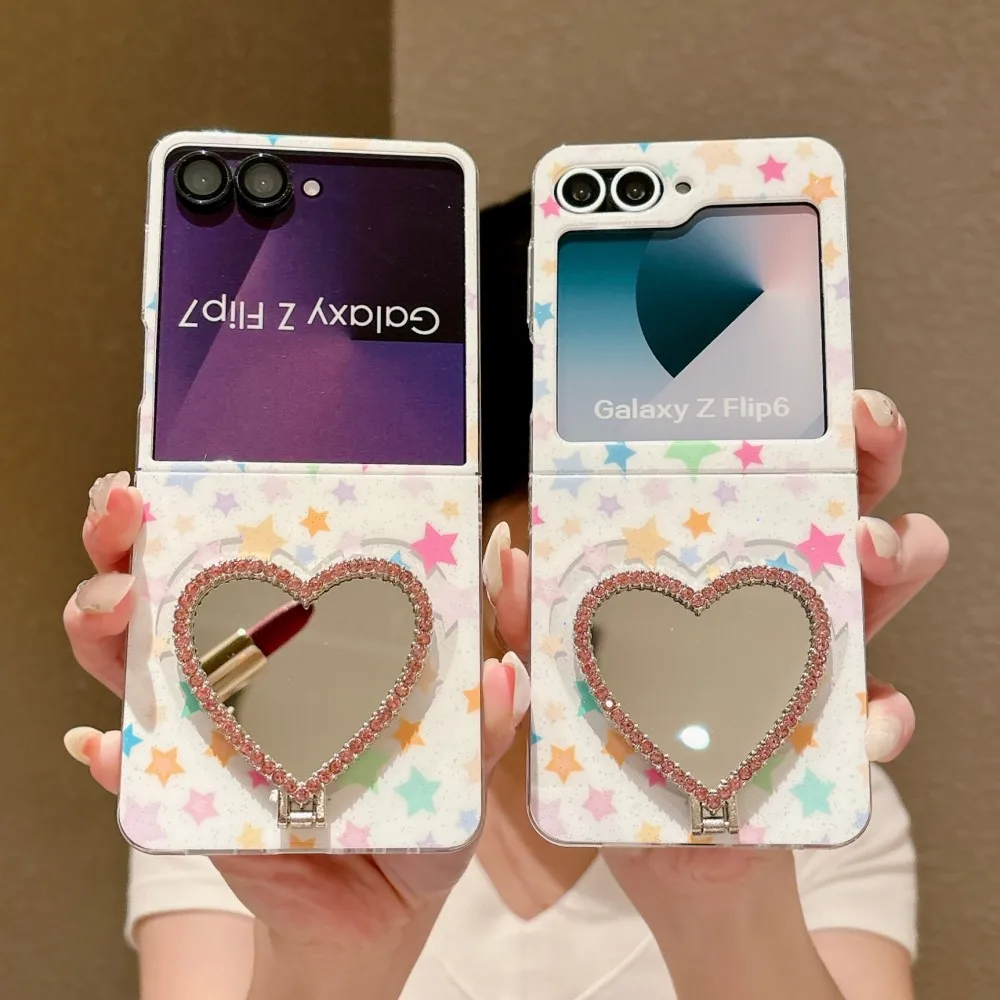 For Samsung Galaxy Z Flip 5 6 7 FE Colorful Glitter Star Phone Case PC Hard Shell Protective Mirror Holder Back Cover