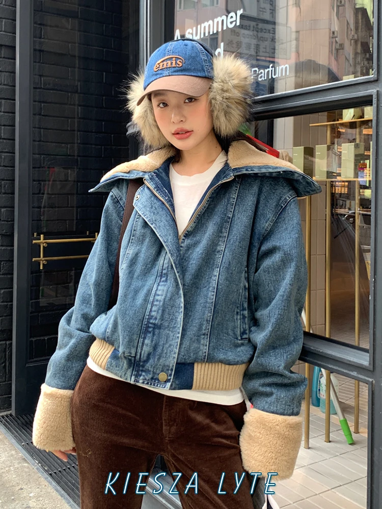 Kiesza lyte Fashion 2024 Autumn Winter High-quality Jeans Jacket for Women Vintage Splice Big Lapel Loose Short Coats Suit