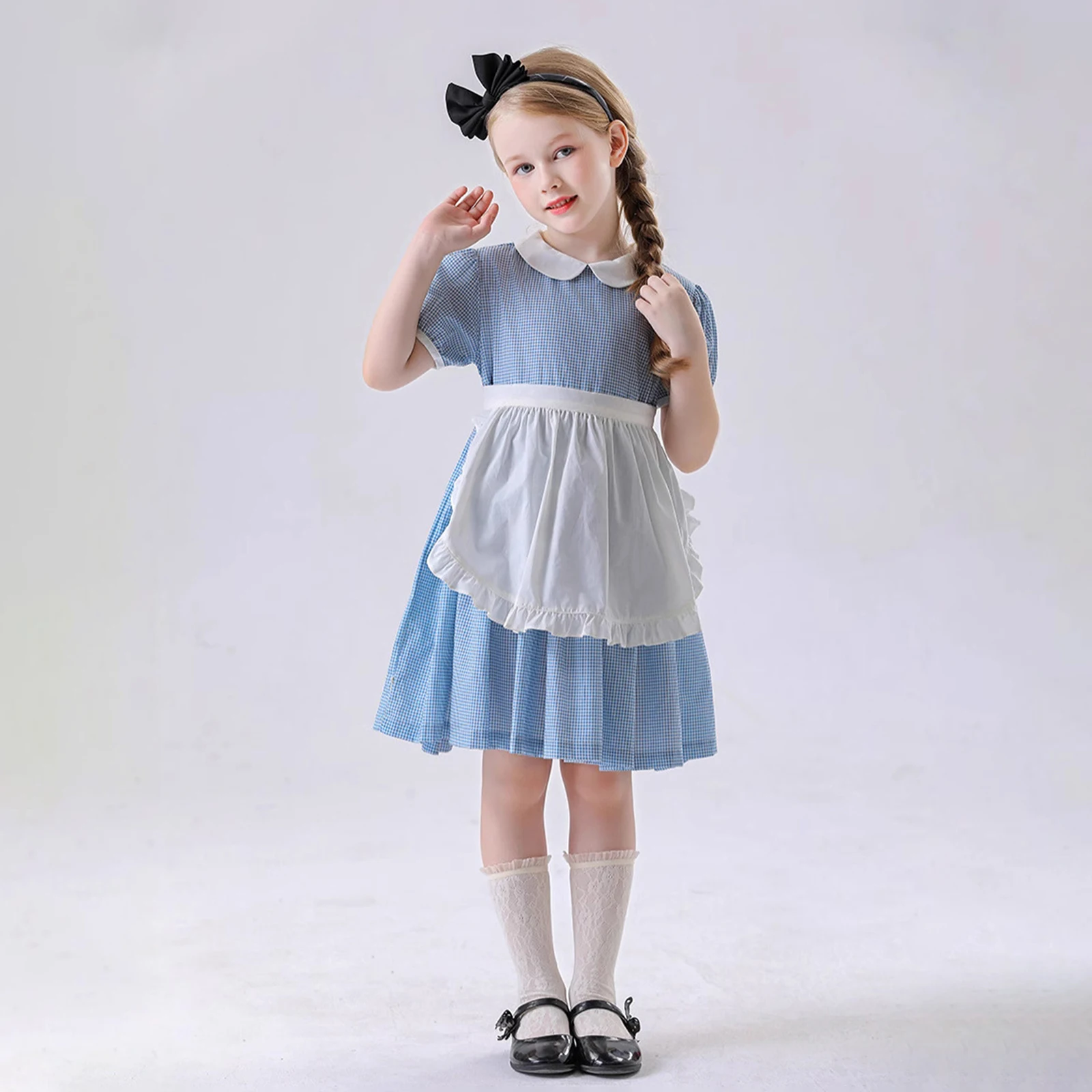 

Костюм для косплея на Хэллоуин, костюмы горничной для маленьких девочек, клетчатое платье с короткими рукавами, белый фартук, комплекты с повязкой на голову