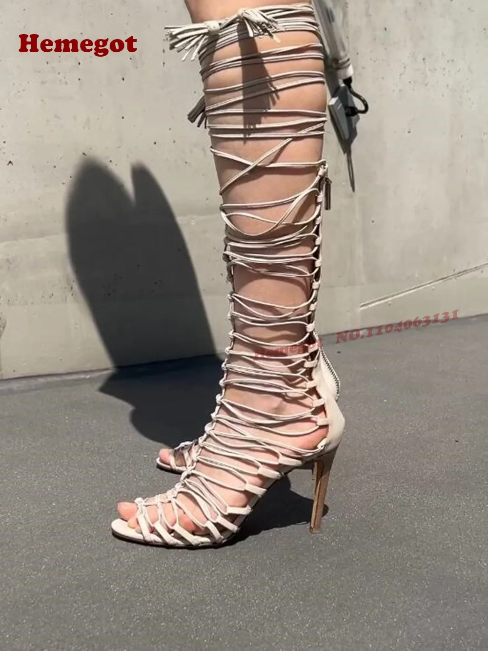 Open Toe Hollow Out Back Zip Women's Sandals Cut-Out Fringe Stiletto Sandals Gladiator Thin Heels Tassel Patchwork Lace-Up Shoes