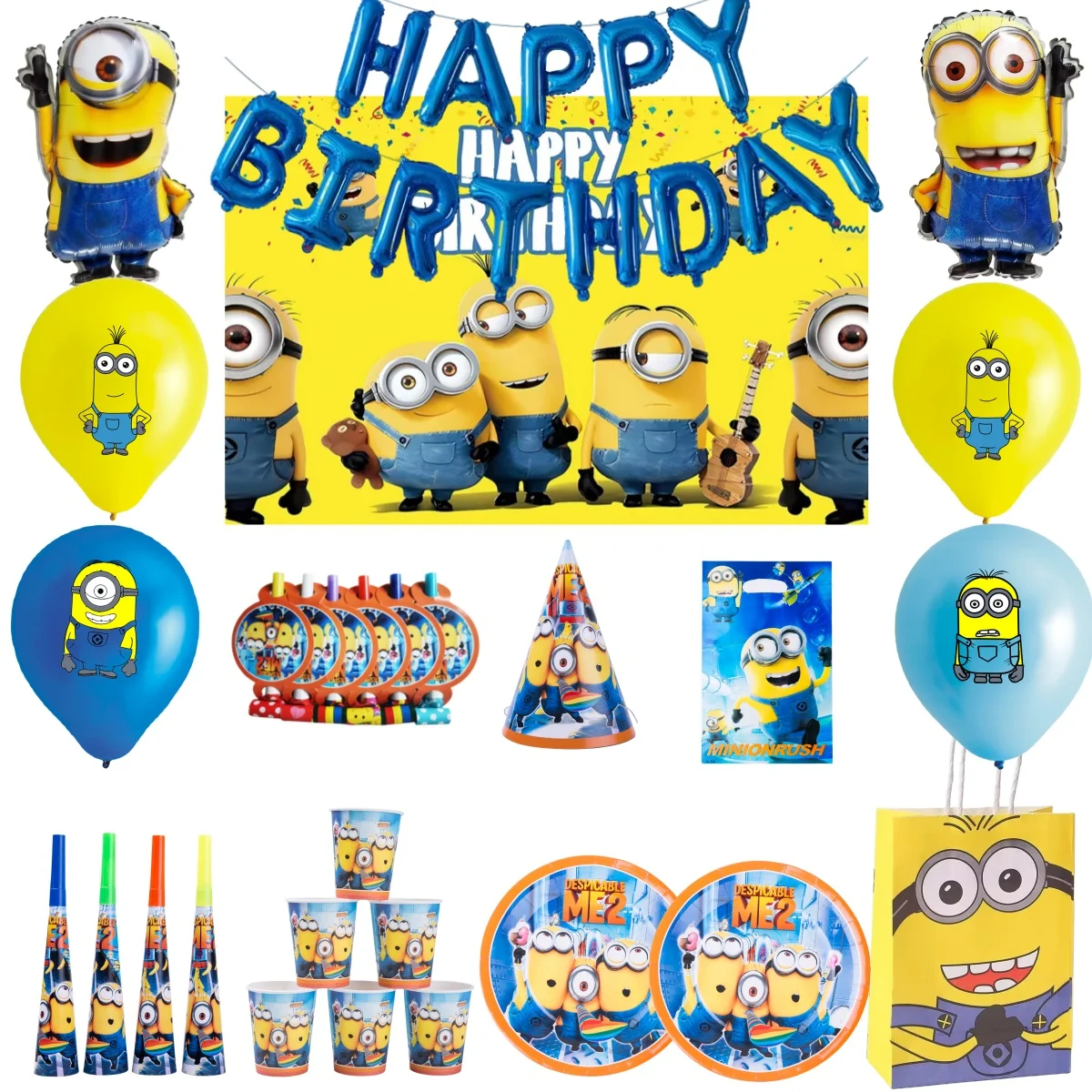 

Cartoon Minions Birthday Party Supplies Balloon Set Disposable Tableware Hat Mask Backpack Banner Gift Baby Shower