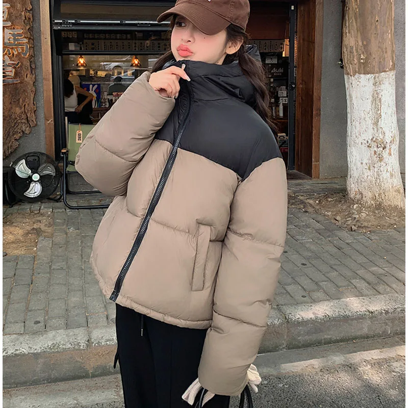 Winter Down Cotton Jacket Women 2024 New Zipper Color Blocking Hooded Coat Female Thick Warm Puffer Parkas Jackets Outerwear