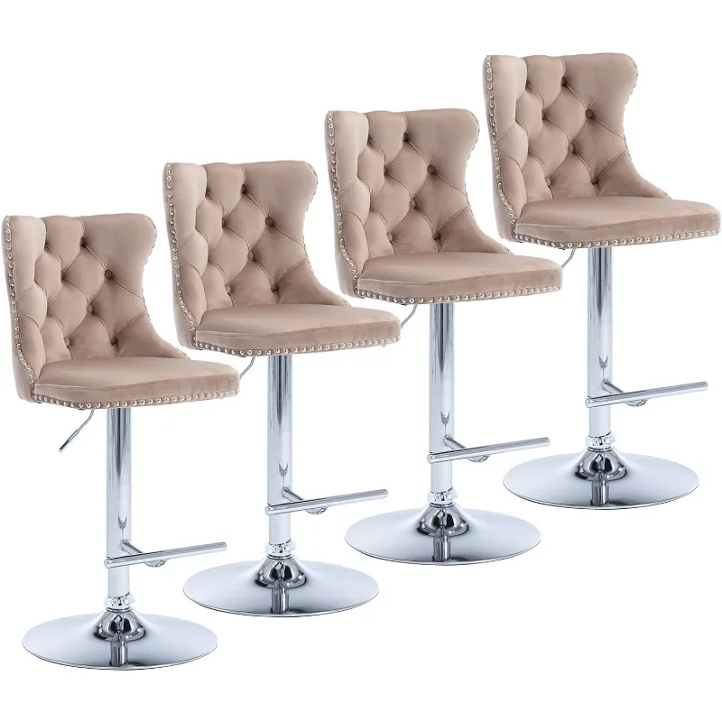 Swivel Bar Stools Set of 4, Adjustable Counter Height Barstools, Button Tufted Back andFootrest,Velvet Bar ChairsIsland,