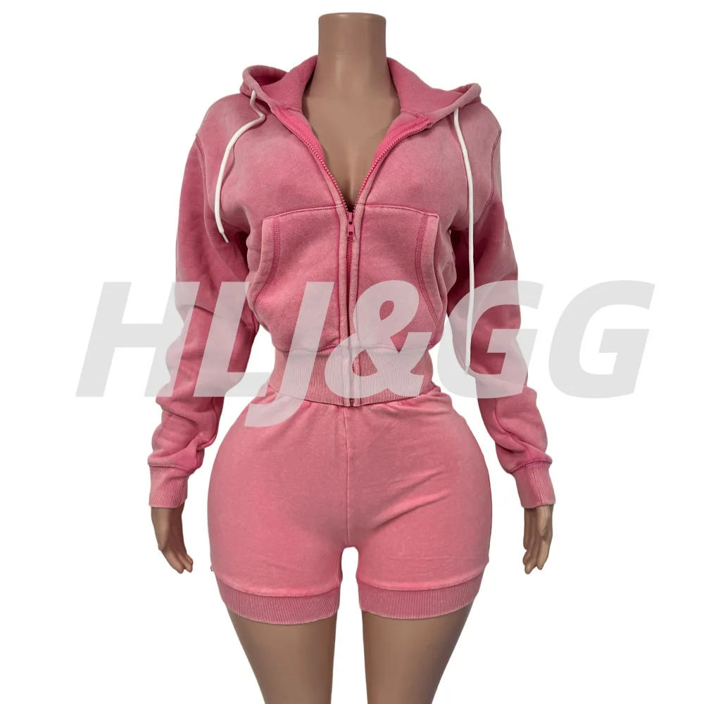 HLJ&GG High Quality Washed Casual Zip Hooded Two Piece Sets Women Long Sleeve Top+Biker Shorts Outfits Fashion Sporty Streetwear - Image 5