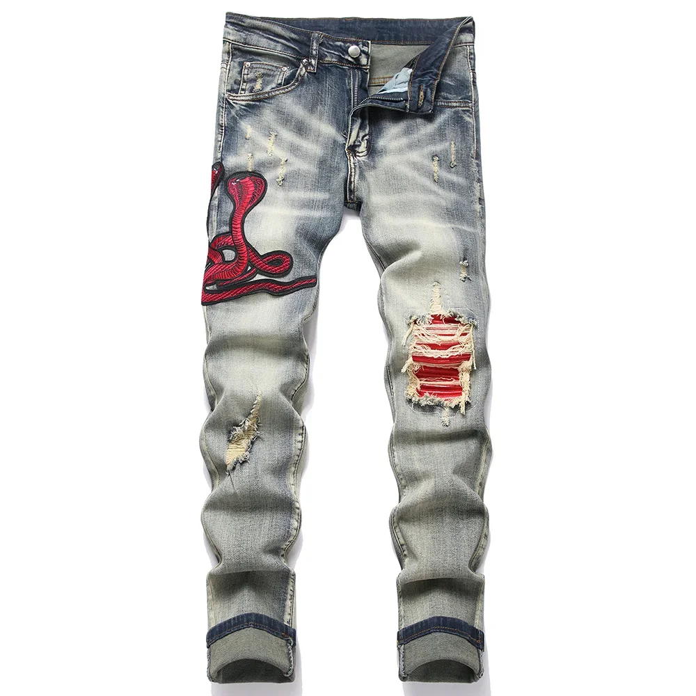 

Men's Snake Embroidery Stretch Denim Jeans Streetwear Red Leather Patch Slim Tapered Pants with Holes And Rips Trousers