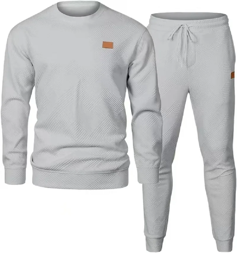 Set celana olahraga Athleisure pria baru musim gugur/musim dingin 2024 warna Solid Crewneck Top tali serut Set nyaman