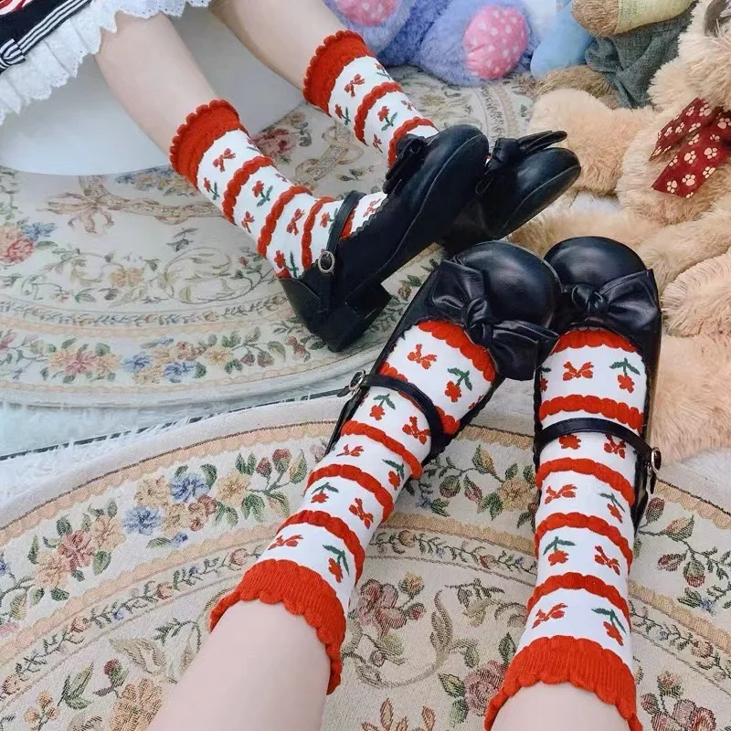 1 Pair Japanese Korean Style Cartoon Girls Socks Flower Candy Color Harajuku Kawaii Mid Tube Socks Breathable Casual Vintage Sox