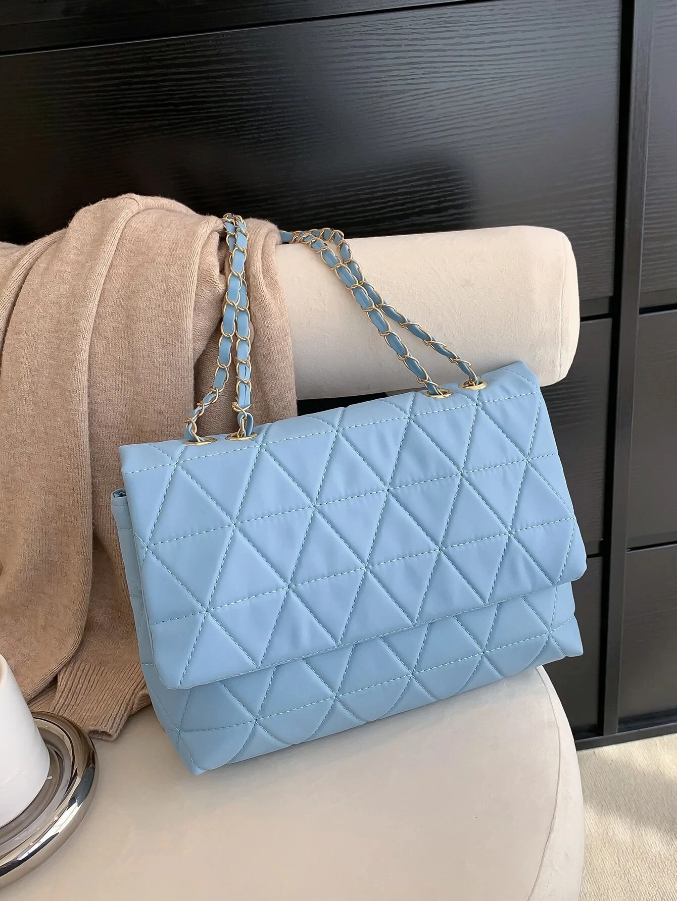 Fashion Blue Pu Flap Bag Golden Large Capacity Niche Geometric Handbag Women\'s Bag Embroidery Thread Metal Chain Shoulder Bag