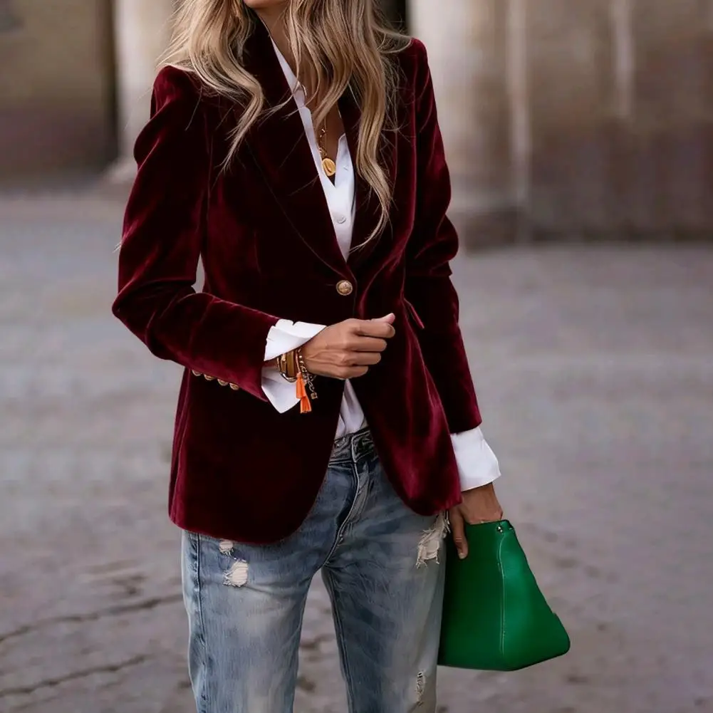 Golden Velvet Suit Coat For Women Lapel Long Sleeve Single Button Suit Jacket With Flap Pockets Slim Fit Women Spring Outerwear