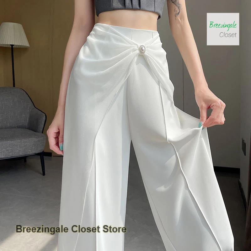 Korean style ice silk chiffon stitching suit wide-leg pants women's summer new fashion high waist drape casual straight pants.