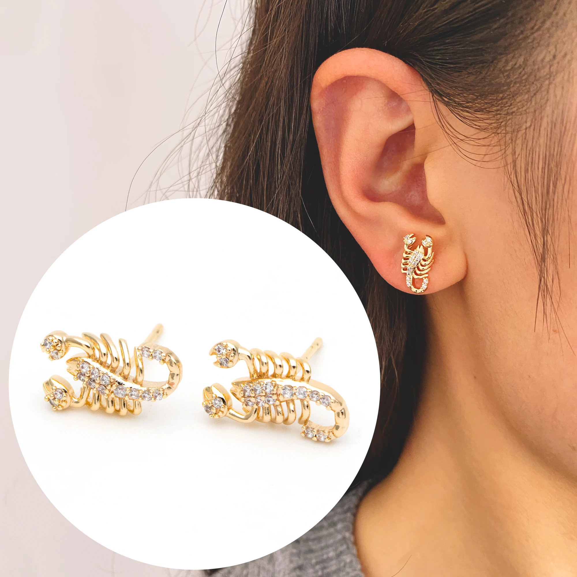 

4pcs CZ Paved Scorpion Ear Post, 18K Gold Plated Brass Scorpio Ear Studs, For Jewelry Making DIY Supplies (GB-3392)