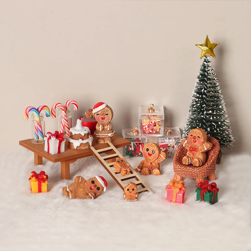 Dollhouse Christmas Scene Decor Mini Gingerbread Man Figurine Miniature Model DIY Micro Landscape Xmas Desktop Ornament